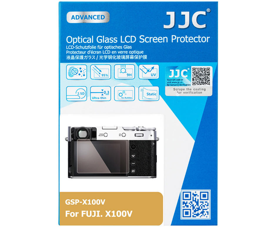 Купить защитное стекло для Fujifilm X100VI, X100V, X-E4 и X-T4 - JJC GSP-X100V надежная защита от грязи, отпечатков пальцев, брызг, ударов и различных царапин. Твердость 9H.