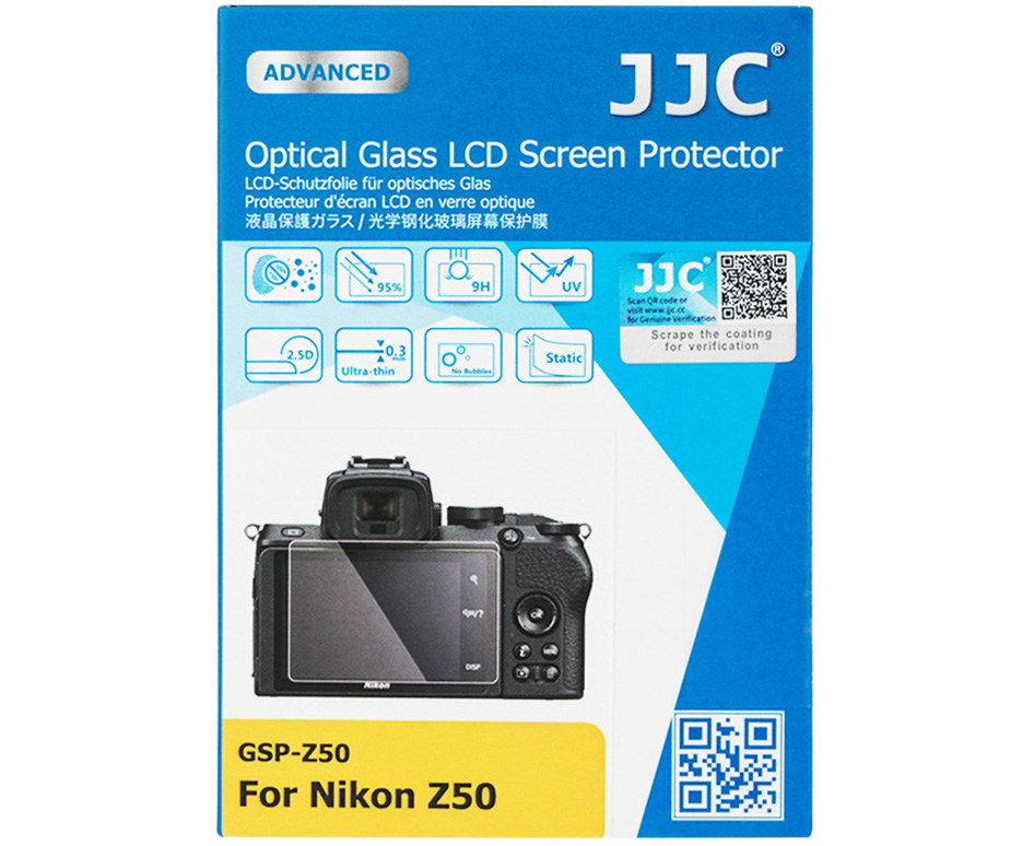 Купить защитное стекло для Nikon Z50 - JJC GSP-Z50 надежная защита от грязи, отпечатков пальцев, брызг, ударов и различных царапин. Твердость 9H.