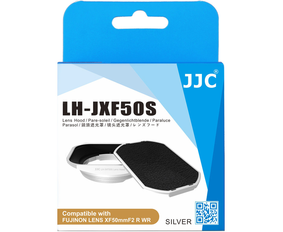 Купить бленду для объектива Fujifilm XF 50mm F2 R WR - JJC LH-JXF50S SILVER серебристый цвет, металлическая с передней слайдерной крышкой в комплекте.