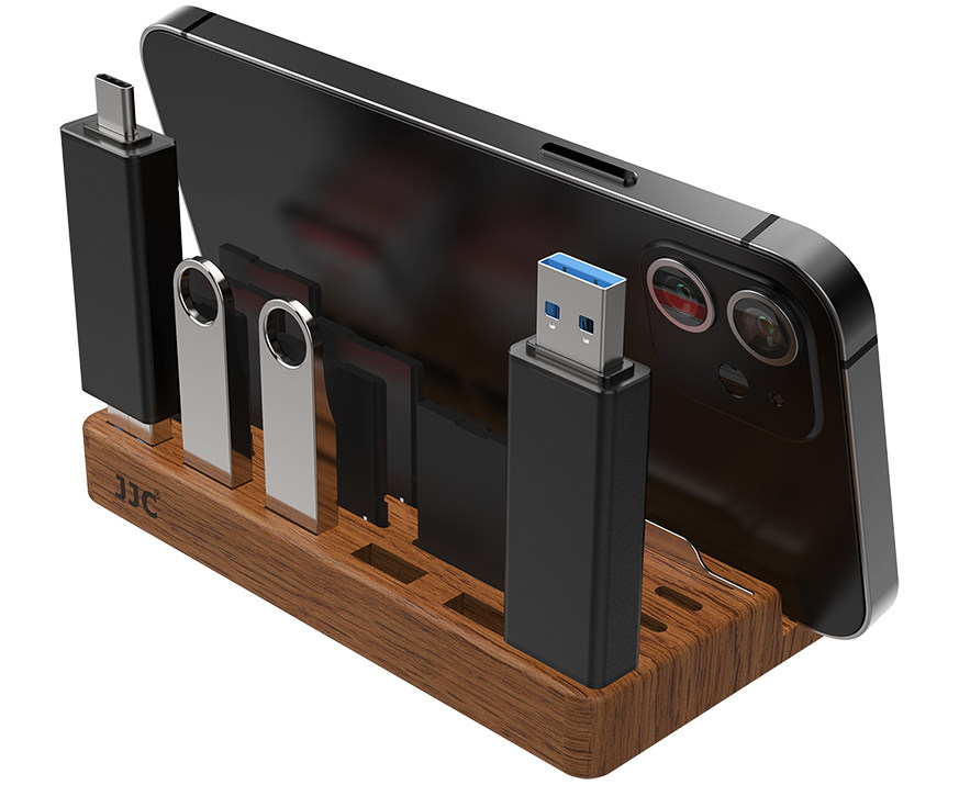 JJC UMS-1 Подставка для смартфона с ячейками для USB Type A / Type C и флеш карт, цвет тёмный орех