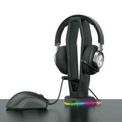 Настольная подставка для наушников с банджи для мыши, USB хабом и RGB подсветкой, чёрный цвет